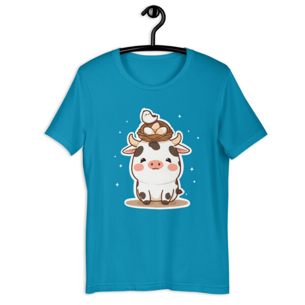 Unisex t-shirt "Chubby Chibi Cow with Bird's Nest Charm" - Image 3